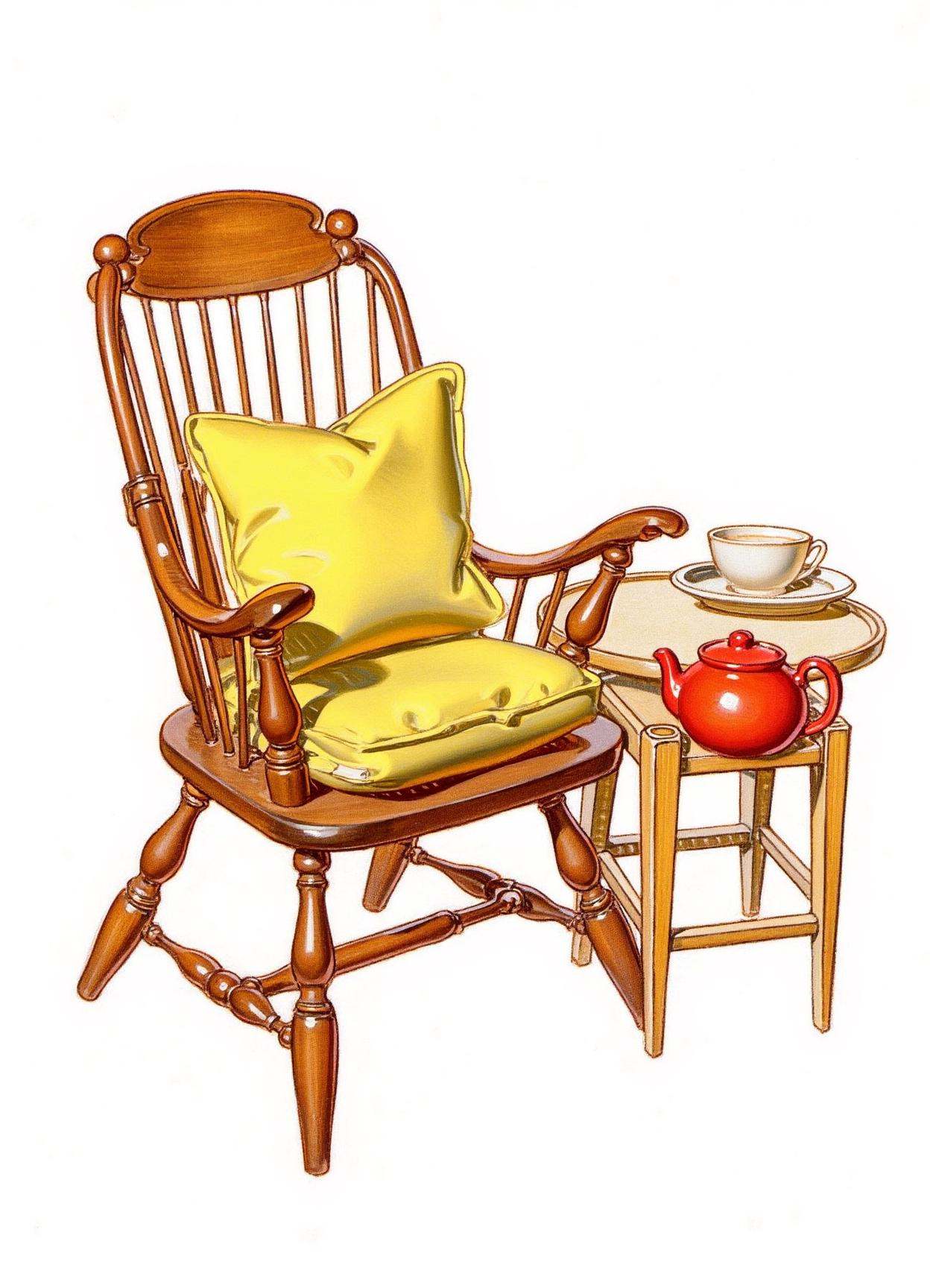 Cartoon illustration by J.C. Leyendecker of a wooden chair with arm rests and a yellow seat pillow. Next to the chair is a...