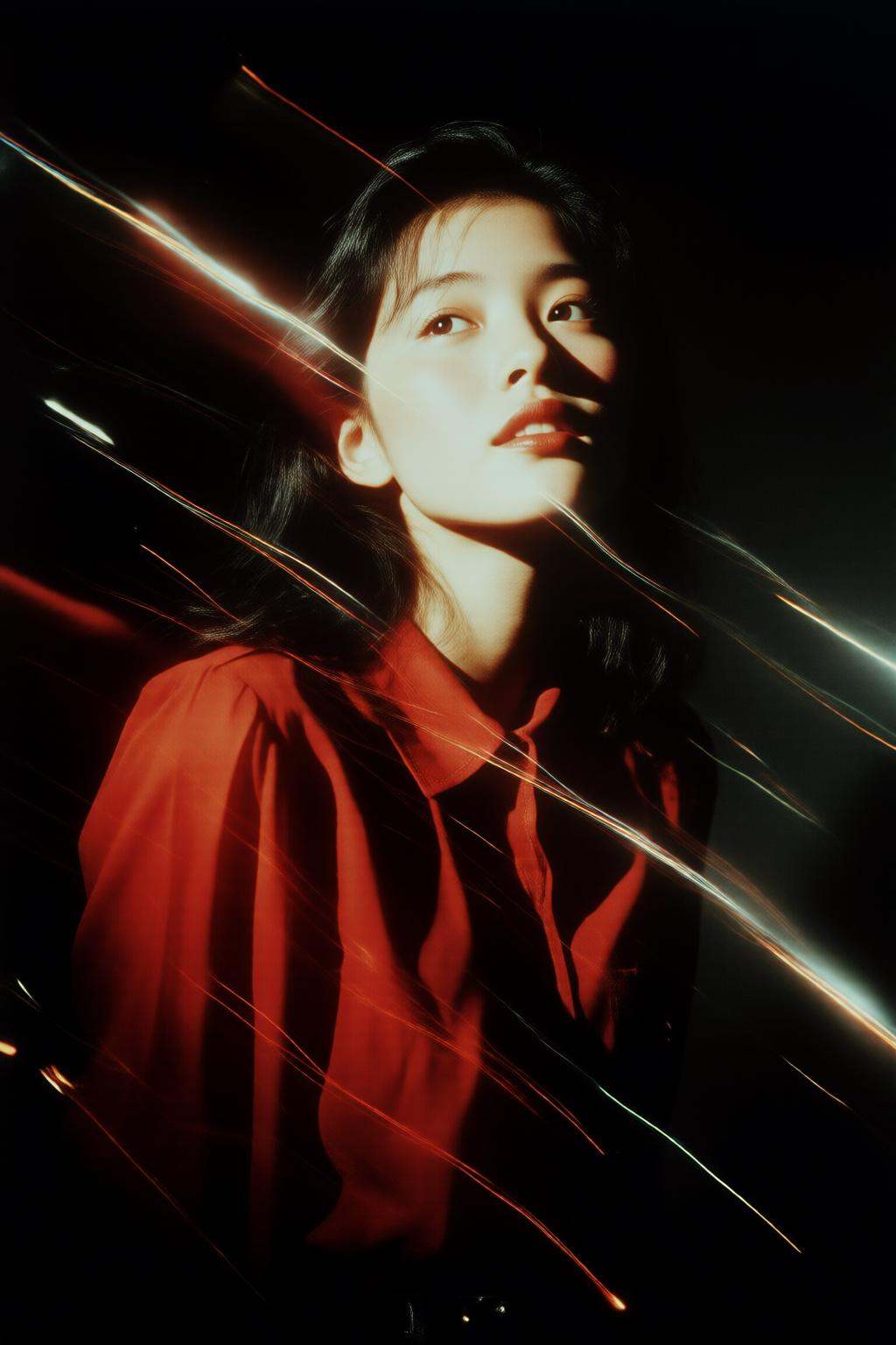 midjourneyanalog9 photograph.A 1990s young Japanese woman in a red shirt with a collar stands against a dark background. H...