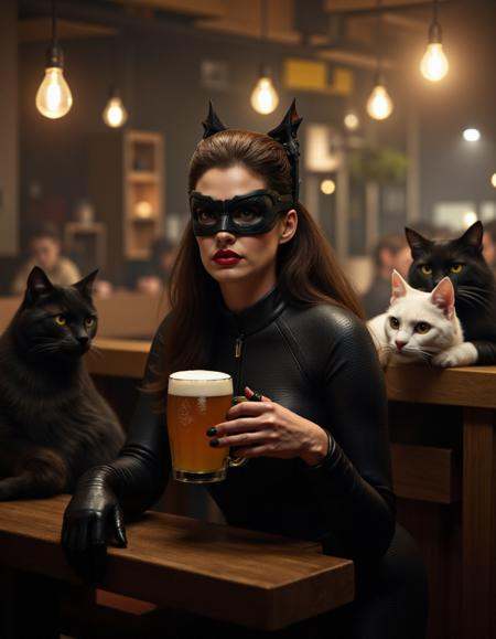 Catwoman is having a beer in a cat café. she is surrounded by cats on Tensor.Art