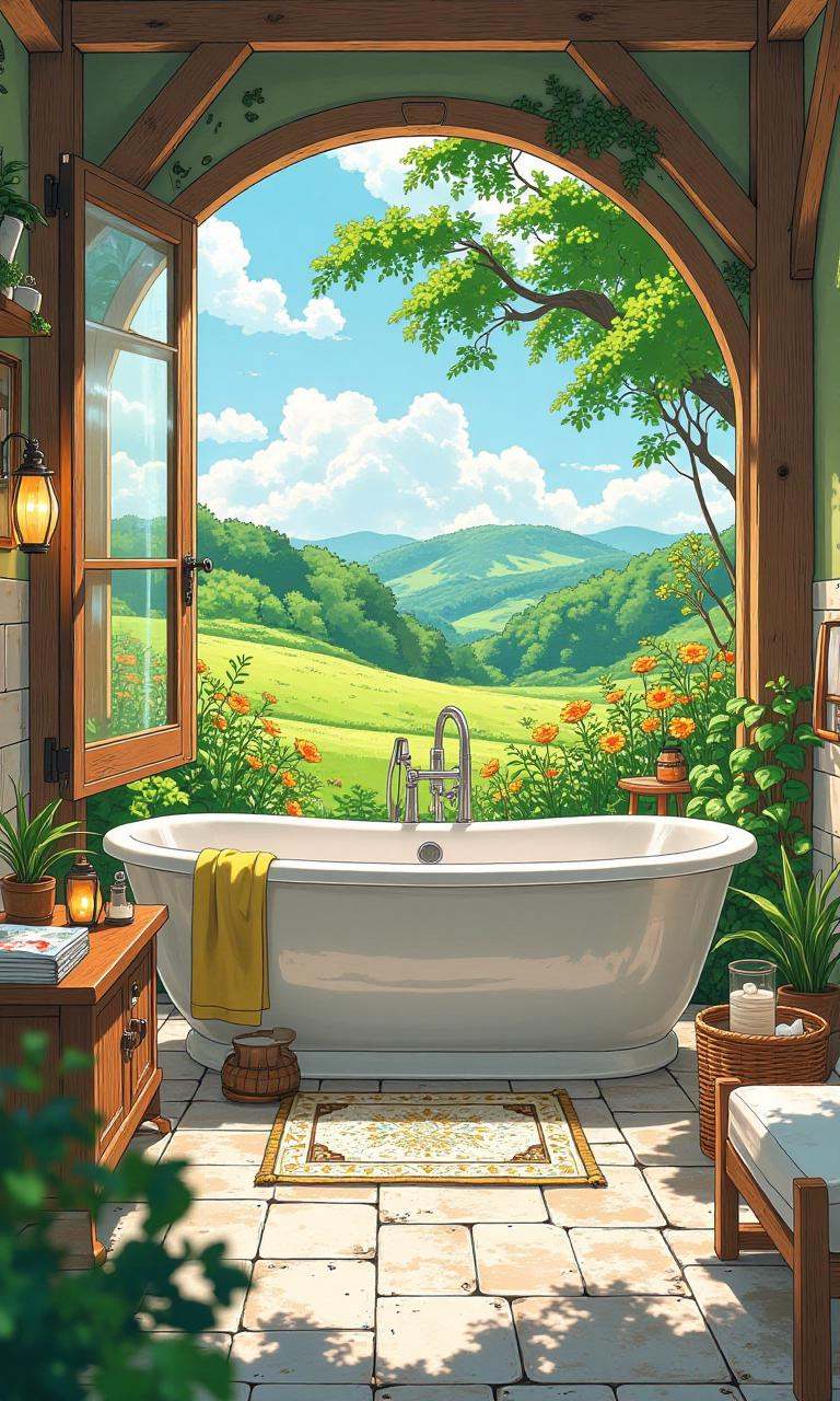 landscape of a Cottagecore bath,  Illustration style on Tensor.Art