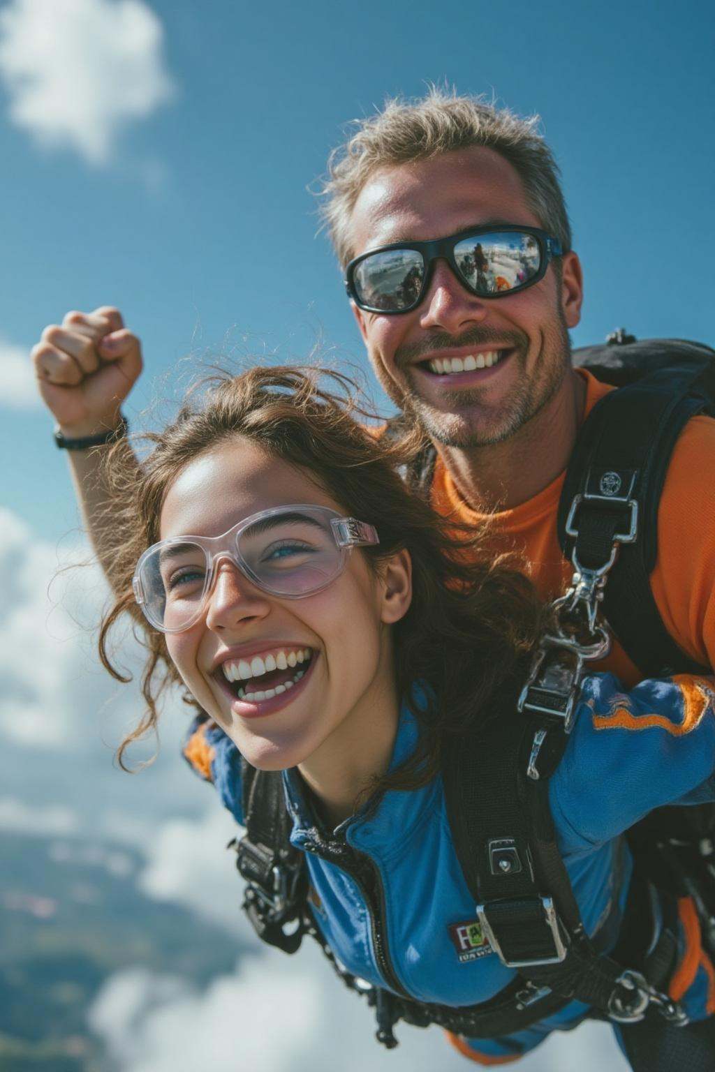 midjourney analog photograph. View from below of a young woman skydiving,  flying through the air with windswept brown hai...