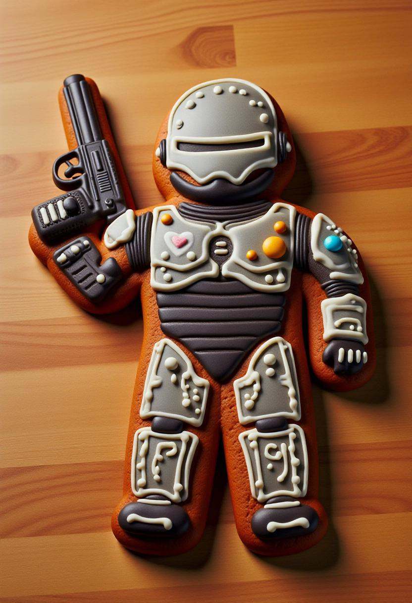 This is a photograph of a intricately decorated gingerbread Robocop holding a pistol,  placed flat on a wooden surface. on...