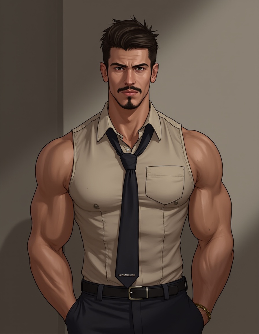 <lora:FLUX1_CNBrad:1>(masterpiece realistic:1.2),best quality,masterpiece,original,extremely detailed,1boy,CNBrad,abs,solo,  **** top  ,jewelry,looking at viewer, male focus, muscular, muscular male, mustache, necktie, pectorals, short hair, 