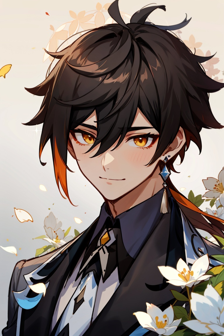 <lora:output_zhongli:0.6>,zhongli (genshin impact),1boy,male focus,(*****),gloves,brown hair,solo,bangs,long hair,black gloves,jewelry,single earring,hair between eyes,earrings,multicolored hair,long sleeves,gradient hair,(ponytail),tassel,closed mouth,jacket,tassel earrings,black hair,necktie,formal,yellow eyes,suit,white necktie,smile,collared shirt,close-up,(white flowers),(petals),
