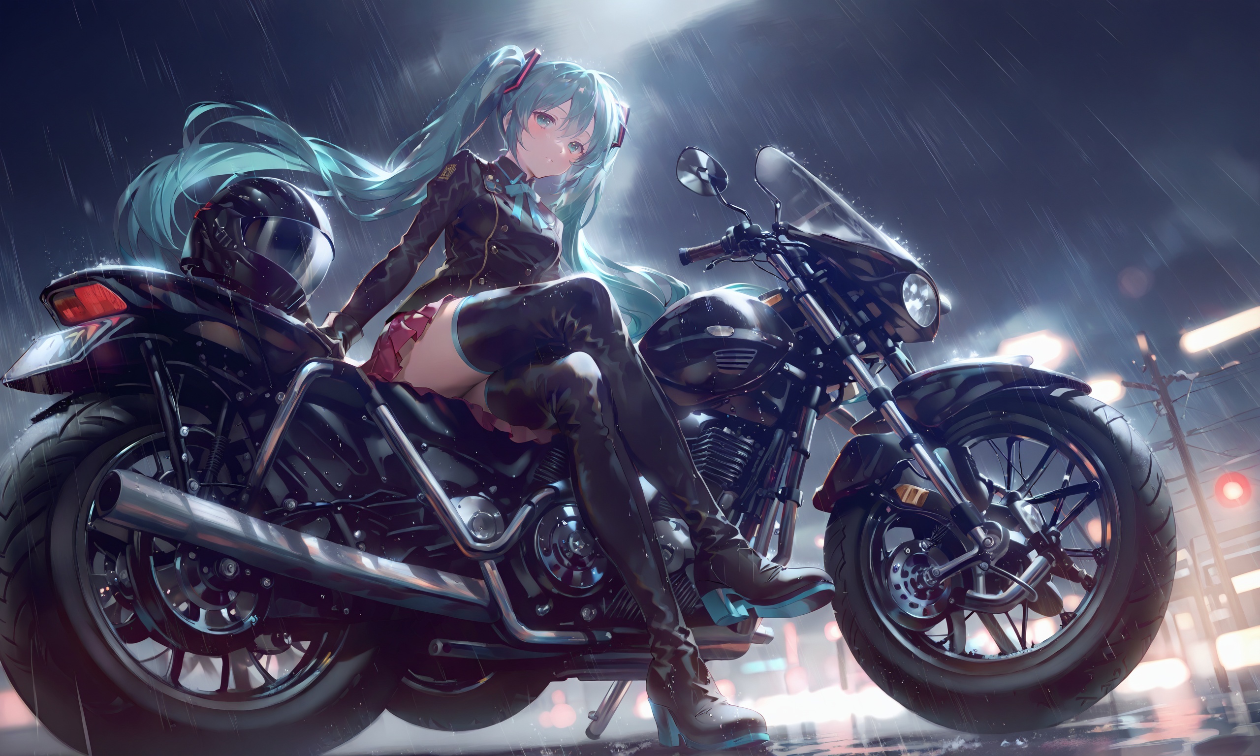 1girl, solo, hatsune miku, boots, long hair, motorcycle, motor vehicle, thigh boots, rain, sitting, crossed legs, very long hair, twintails, looking at viewer, black footwear, gloves, from below, helmet, thighhighs, skirt very aesthetic, masterpiece, absurdres