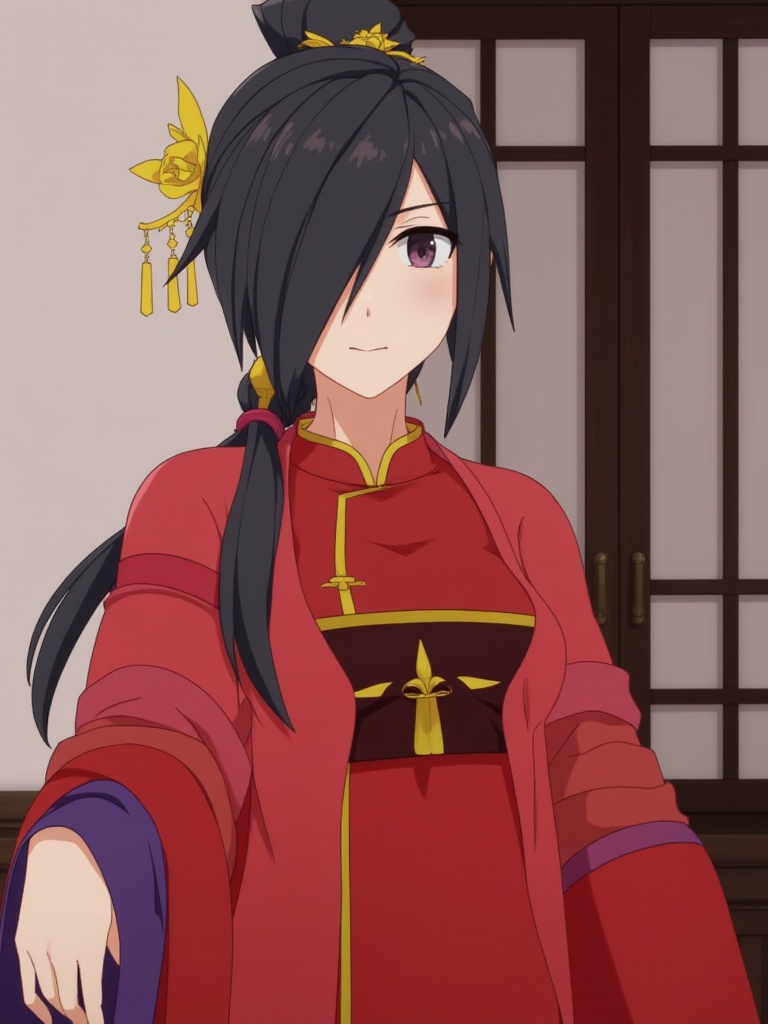 1girl,ancient chinese style,zinv,red dress,black hair,black eyes,chinese clothes,indoor,