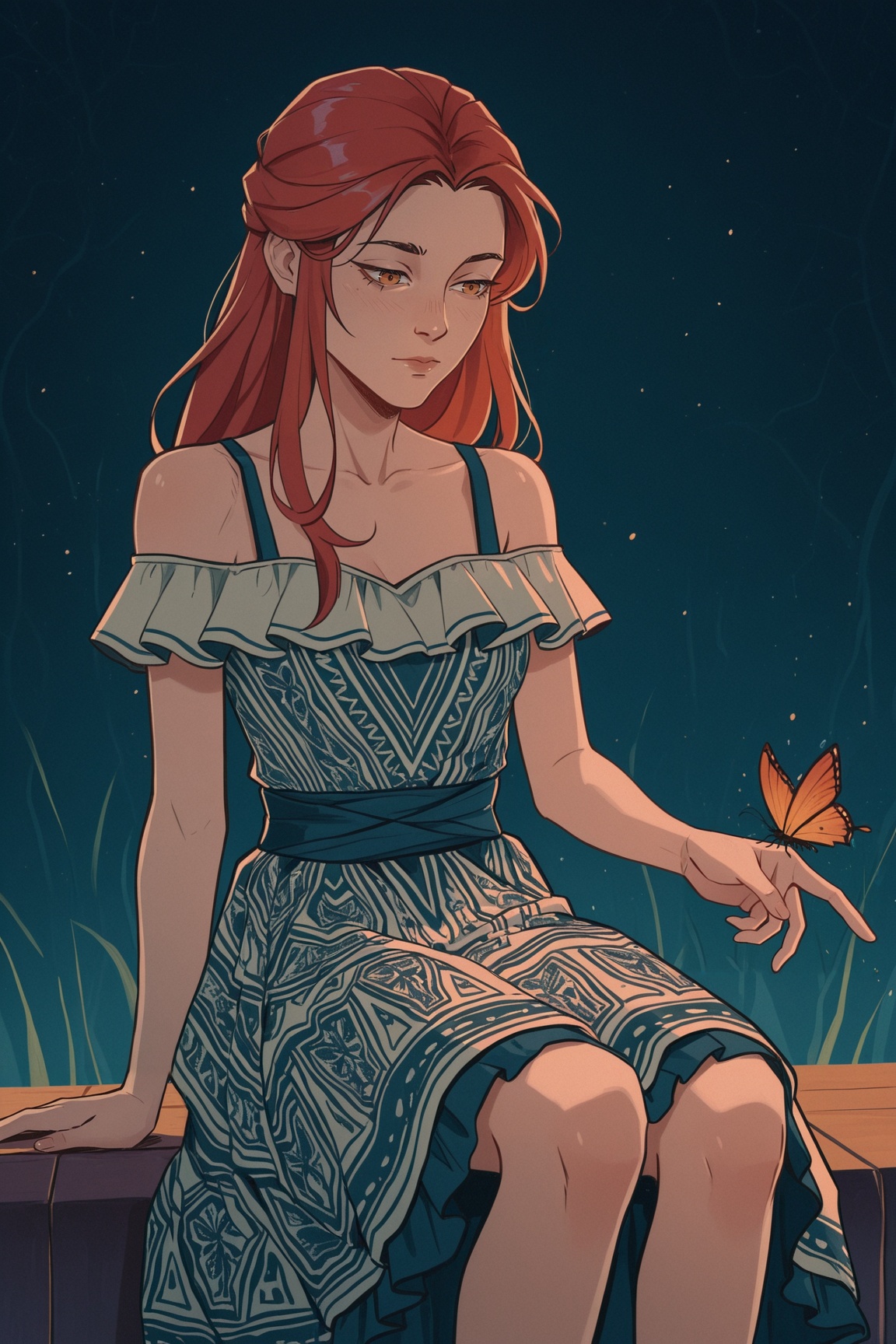 Young woman,  looks at the one butterfly,  wears patterned layered dress on Tensor.Art