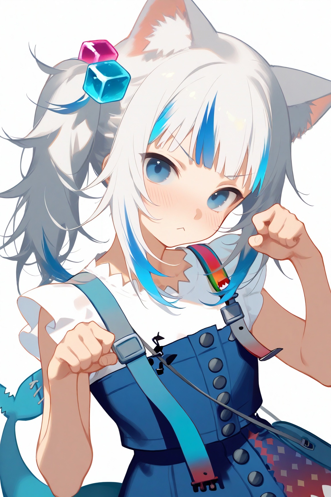 masterpiece,best qualty,1girl, animal_ears, gawr_gura, virtual_youtuber, solo, cat_ears, multicolored_hair, blue_eyes, streaked_hair, gawr_gura_\(casual\), grey_hair, blue_hair, hair_ornament, bag, side_ponytail, white_shirt, shirt, skirt, official_alternate_costume, blush, simple_background, looking_at_viewer, white_background, blunt_bangs, shoulder_bag, :<, blue_skirt, cube_hair_ornament, v-shaped_eyebrows, animal_ear_fluff, suspenders, short_sleeves, closed_mouth, sidelocks, claw_pose, hands_up, long_hair