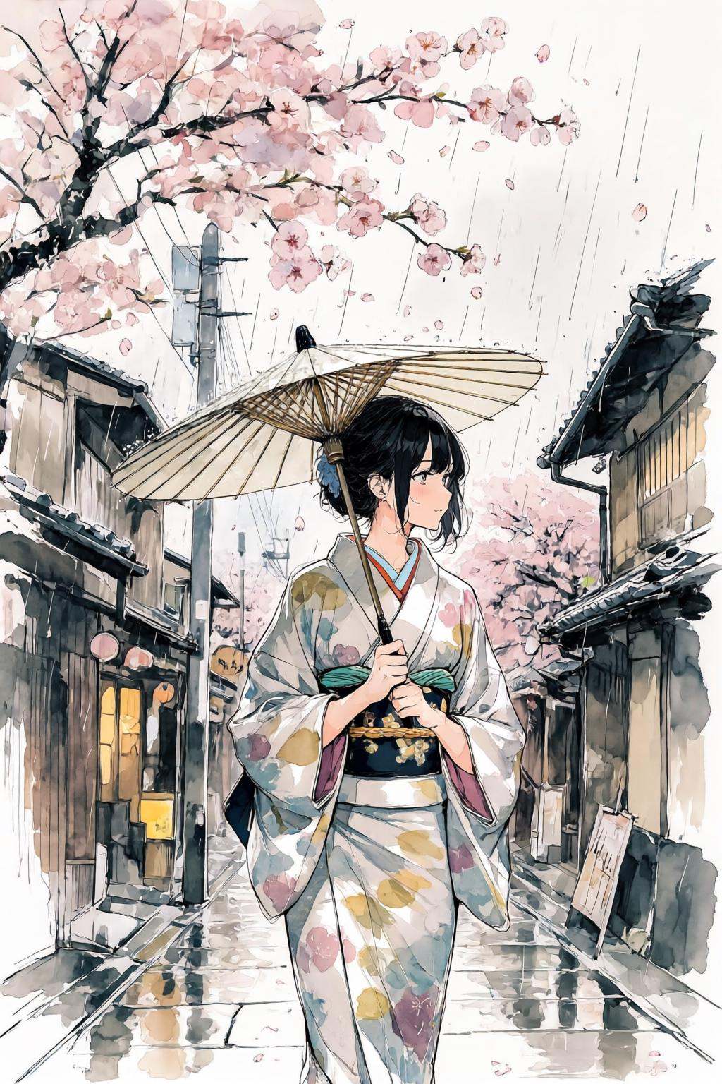 nijiwatercolor1q anime illustration. The bold lines of ink wash painting,  elegant and delicate,  depict figures in the st...