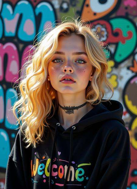 Text letters and words that says "Welcome" in playful pastel styling on a vibrant graffiti wall,  an anime girl in her 20s...