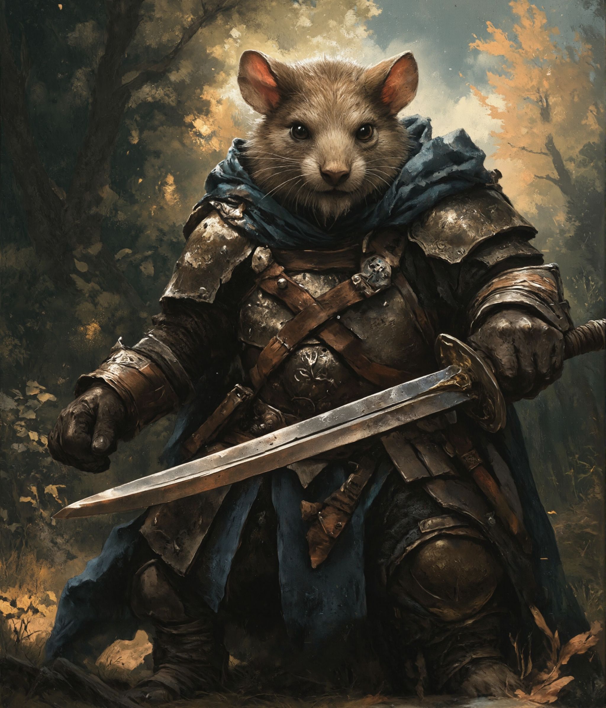 cinematic photo highly detailed portrait of a wise old mouse warrior in a dark woolen cloak with a sword,  ,  deep dark fo...