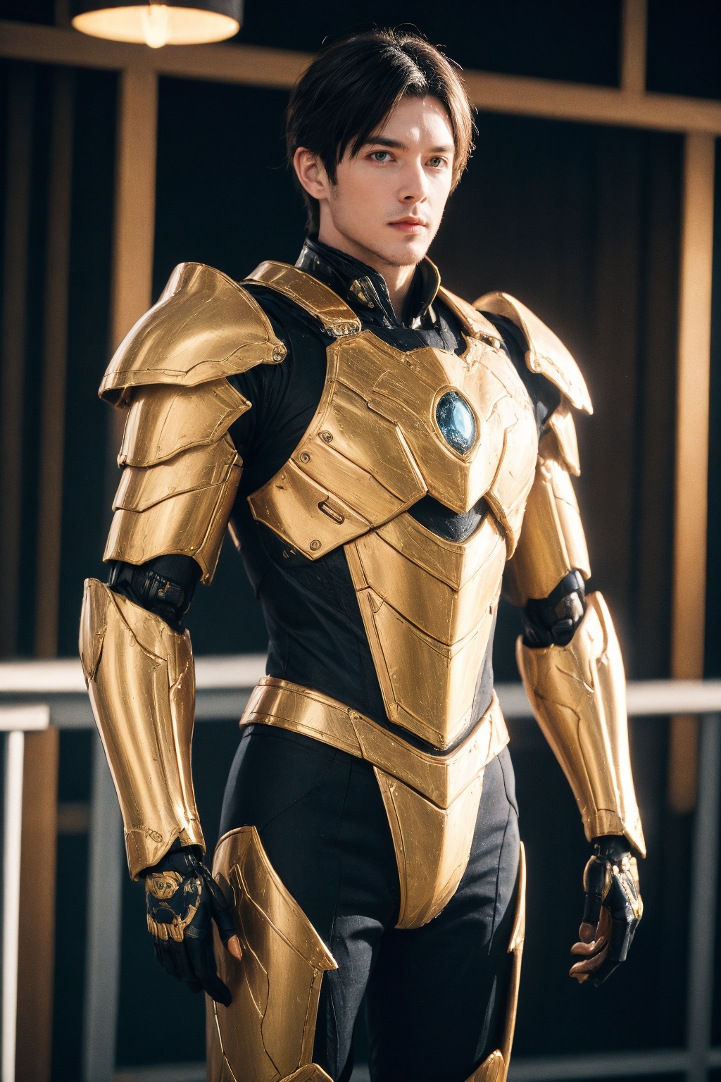 man, solo, robot, standing, blue armor, cowboy shot, 