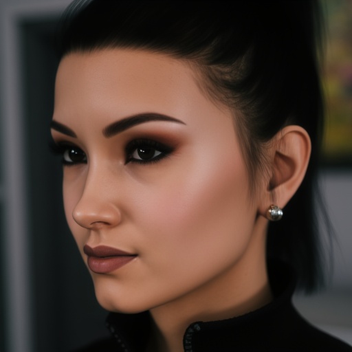 and her hair is styled in a high,  and she has high cheekbones,  The image is a highly detailed CGI rendering in a photore...