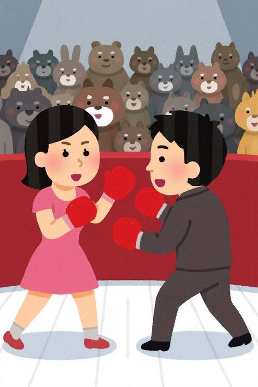irasutoya1 illustration. A man and a woman boxing at a circus. A crowd of animals in the background are watching on Tensor...