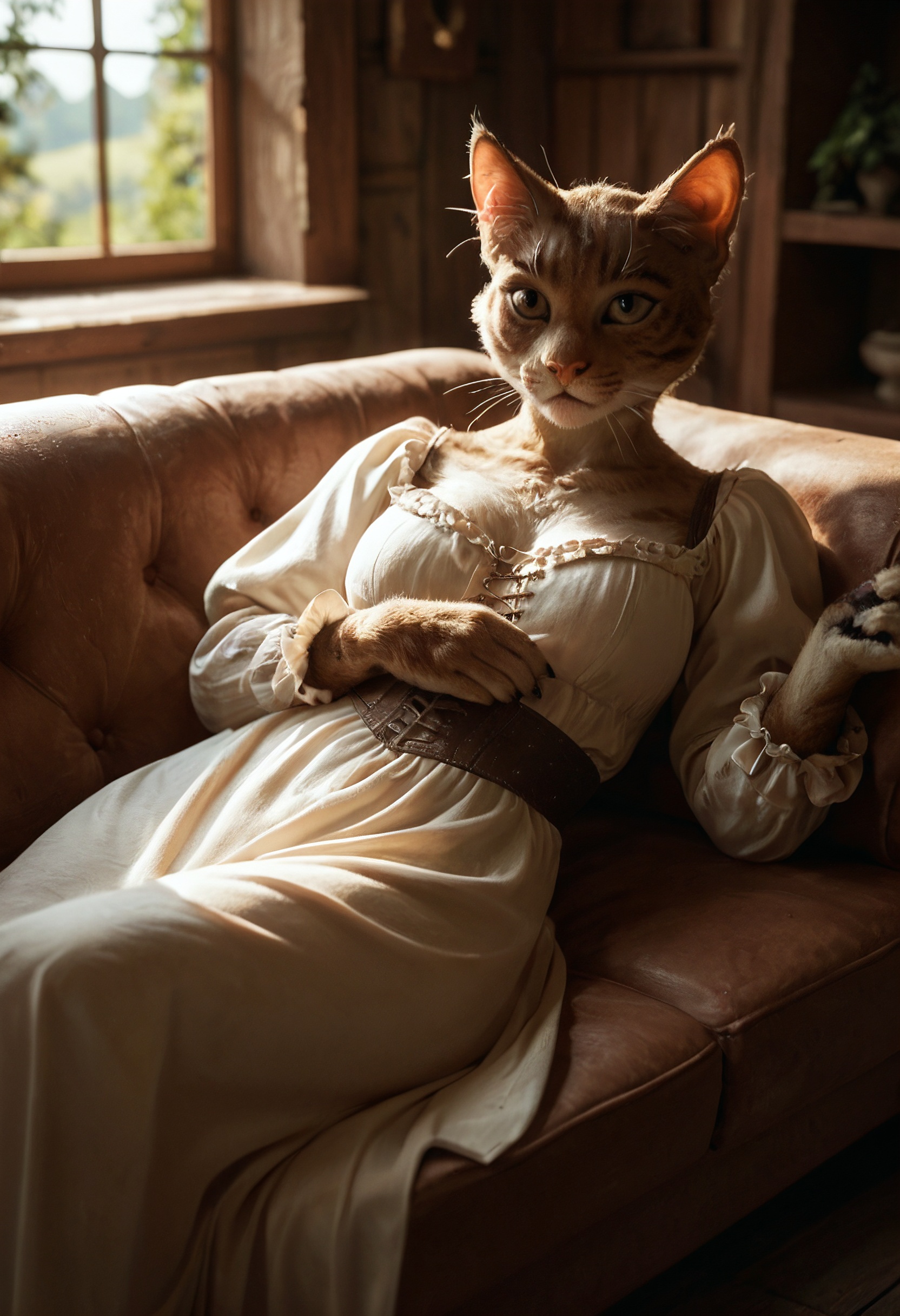 score_9, score_8_up, score_7_up, solo, furry, cat, hybrid, curvy, laying in a sofa, tree house, sunny, medieval fantasy, wearing dress, low light, depth of field, highly detailed, high contrast, film grain, Rim Lighting, Long Exposure, DSLR