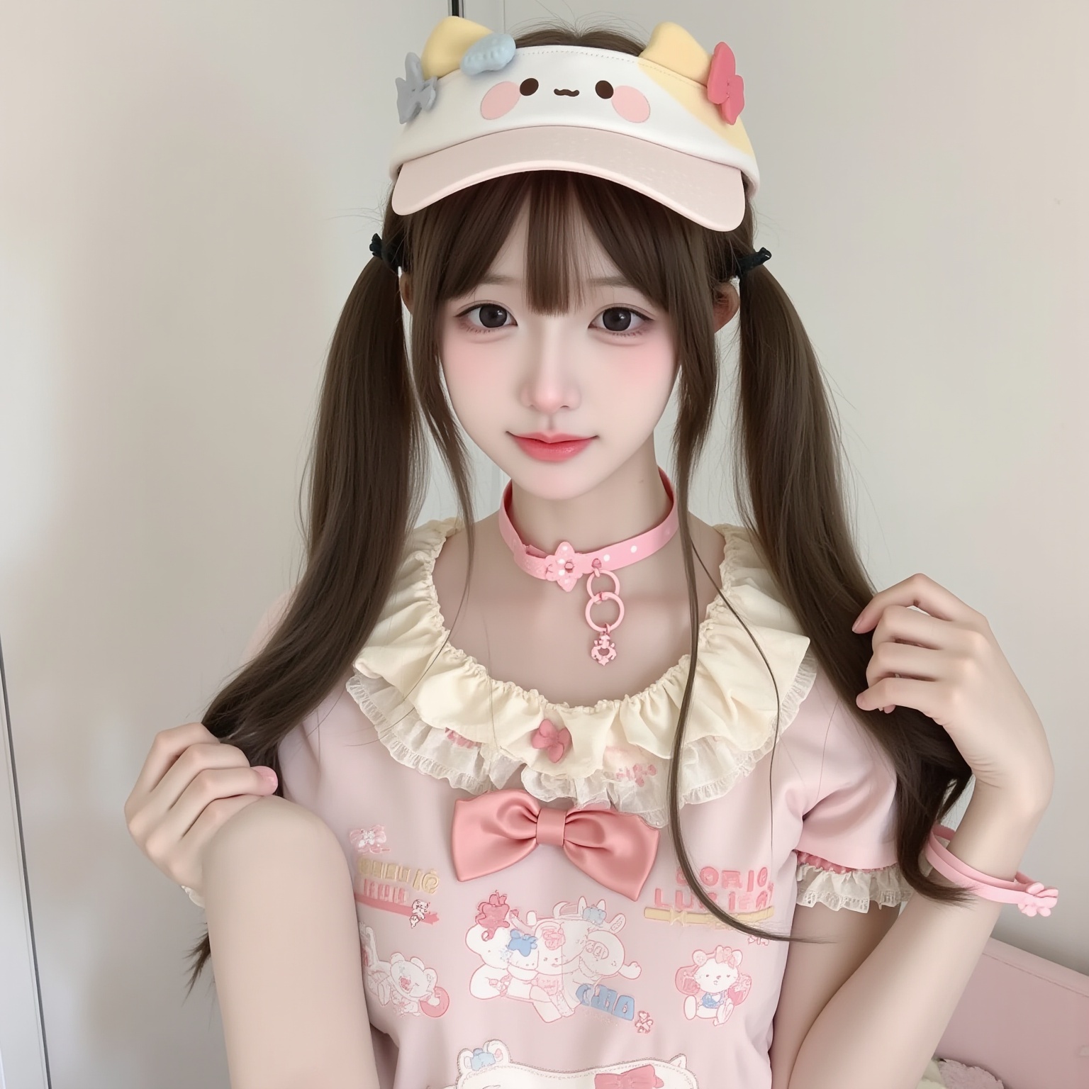 1girl,The image is a high-resolution photograph featuring a young Asian woman with a petite frame and delicate features. She has long, straight brown hair styled in two high ponytails, adorned with small, pastel-colored bows. Her skin is fair, and her makeup is meticulously applied, giving her a soft, youthful appearance with pink blush and subtle eyeshadow. She wears a white, pastel-colored visor with cute, cartoonish cat ears and a small nose, adding a whimsical touch to her outfit.She is dressed in a light pink, frilly blouse with a large bow at the neckline and a small bow on the chest. The blouse features a playful design with cartoon characters and the words "Hello Kitty" written in cursive. She accessorizes with a pink choker and matching bracelet, both adorned with Hello Kitty motifs. Her expression is neutral, with a slight smile.The background is a plain, off-white wall, suggesting an indoor setting, possibly a bedroom or a private space. The overall aesthetic is cute and playful, with a vintage, retro theme, evoking a nostalgic, childhood charm.  <lora:萌妹FLUX-14:0.6>