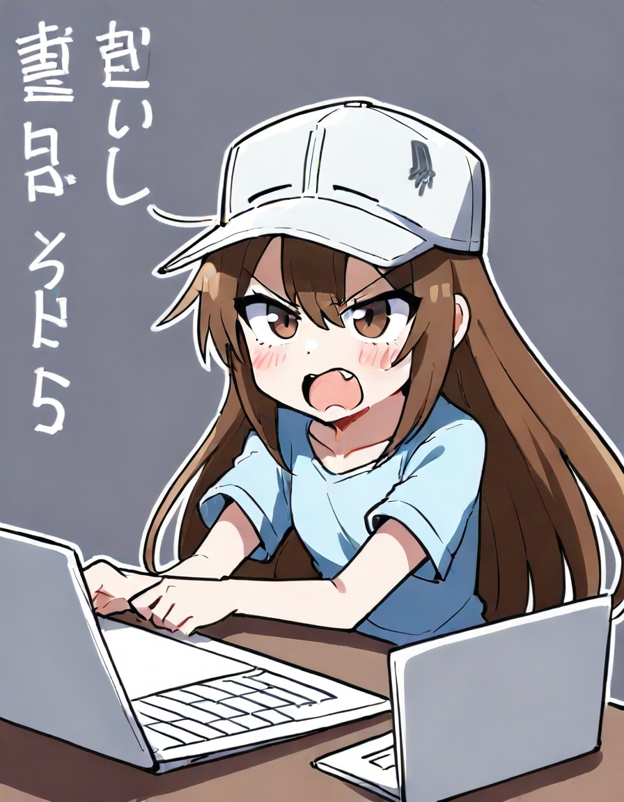 1girl, platelet \(hataraku saibou\), hataraku saibou,zmgwshnmspfd, hat, long hair, brown eyes, brown hair, flat cap, white headwear, hair between eyes, very long hair, grey headwear, laptop, angry, tareme, open mouth, solo, blush stickers, clothes writing, :o, simple background, collarbone, sitting, character name, holding, flag, shirt, white flag, looking at viewer, upper body, computer, fang, grey background, blue shirt, short sleeves, arms up, v-shaped eyebrows, holding flag<lora:nsnsns:1>​​​