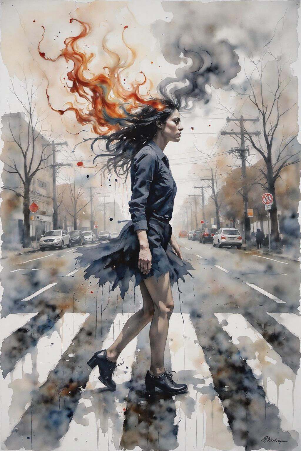 yawc1 watercolor.Fantasy artwork. Profile of a woman with long black hair walking across the street at zebra crossing. Her...