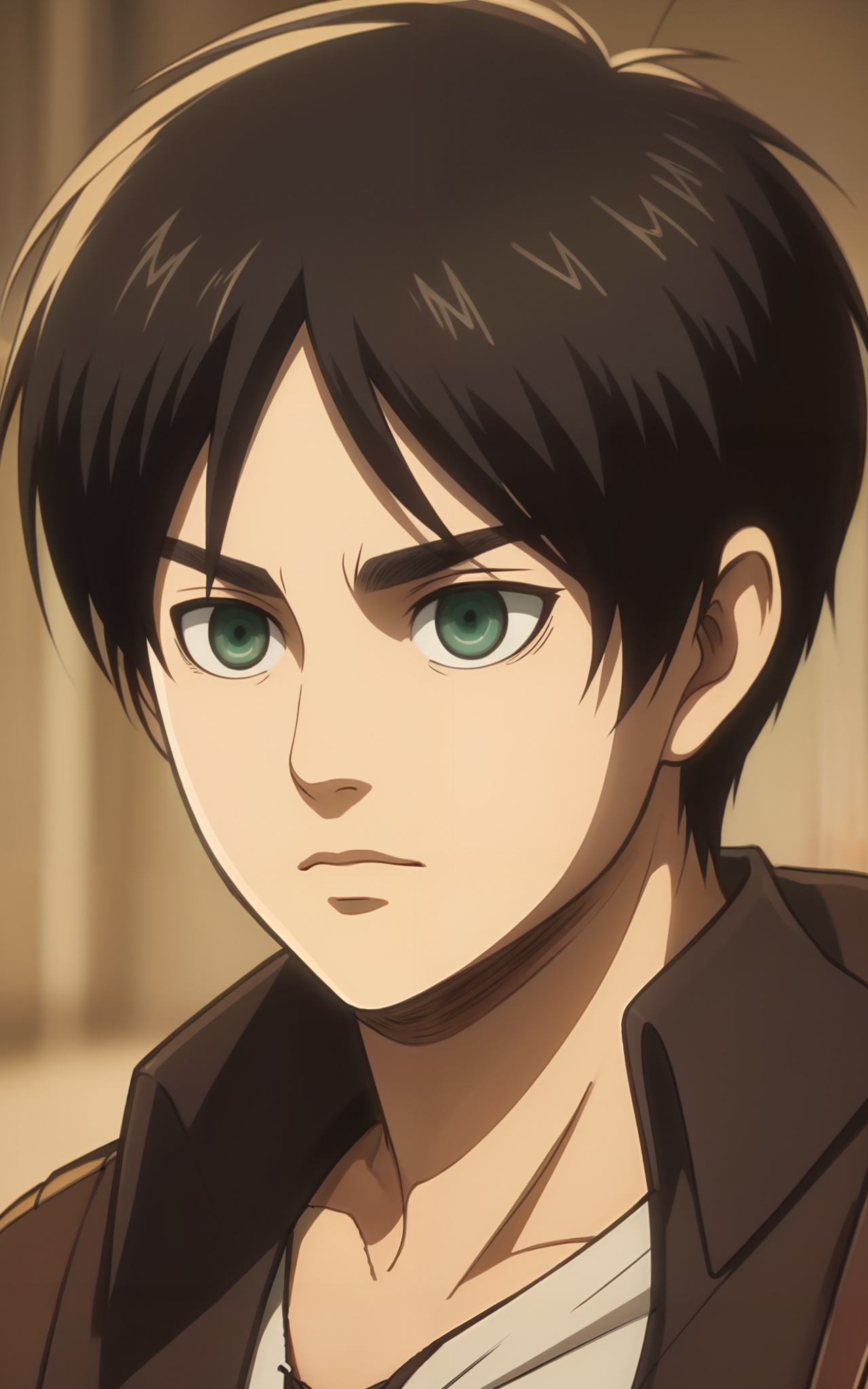 golden hour,highly detailed,ultra-high resolution,32K UHD,sharp focus,best-quality,masterpiece,Emotionalization,with a high-end texture,<lora:艾伦:0.6>,ailun,1boy,male focus,solo,green eyes,eren yeager,black hair,short hair,portrait,closed mouth,brown hair,looking down,shirt,