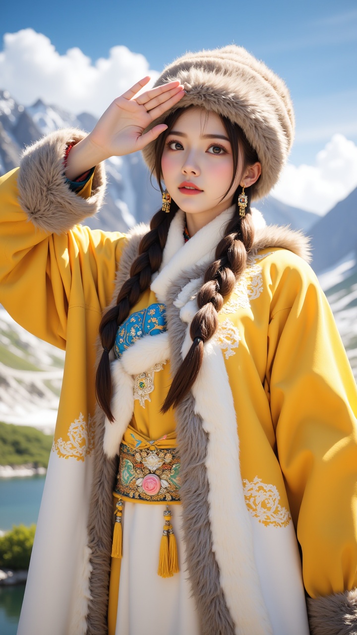 (masterpiece, best quality:1.2),1girl, in a military salute posture with one hand, leaning her body to the left, wearing a fur trimmed Tibetan robe, a fur trimmed wind hat, a Chinese Tibetan costume, a plush hat, a yellow white Tibetan costume, a Tibetan winter hat, a Tibetan girl, a fluffy hat, a fur scarf, a fur half body Tibetan robe, double braids, upper body, winter attire, earrings, gemstones, hair over the shoulder, jewelry, lakes, long hair, looking at the audience, mountains, outdoors, sky, snow, solo, focus, blurry background, brown hair, clouds, sky, depth of field, blue sky, prints,