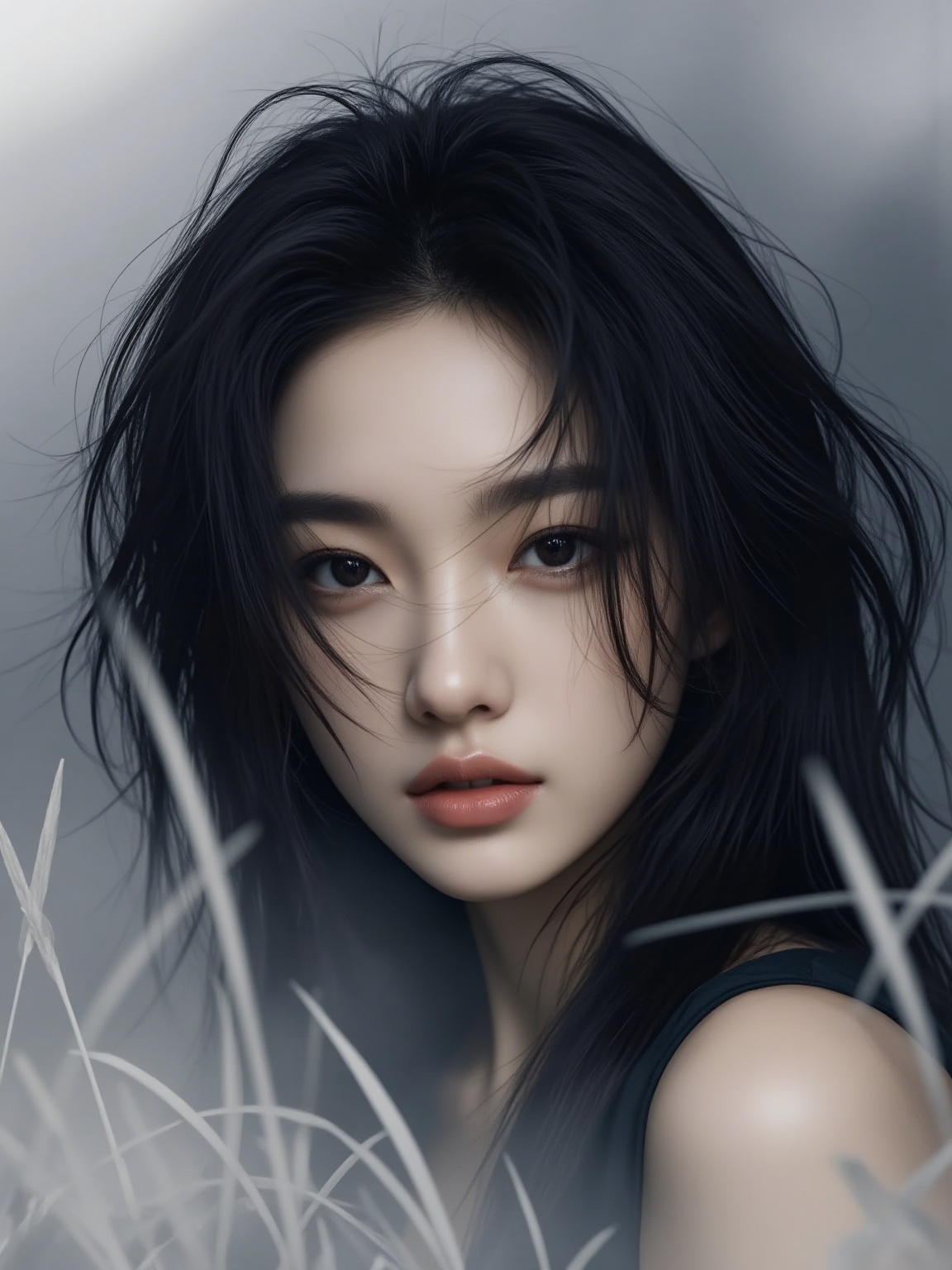 1girl,  This is a hyperrealistic digital artwork of a young woman with East Asian features. She is the **** subject in the...