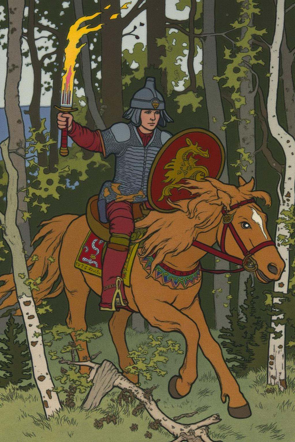 ivanbilibin1 illustration.A warrior ridding a horse through a dense forest. He is carrying shield and holding a flaming sw...