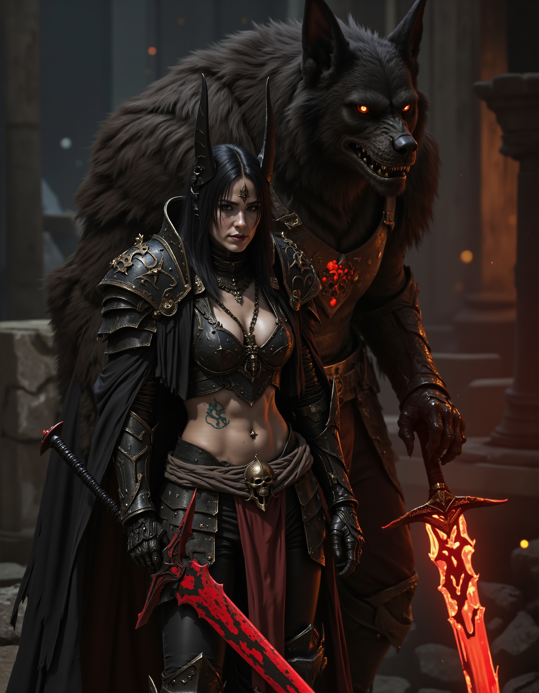 a girl standing in front of huge werewolf,  full body armor,  holding a glowing sword on Tensor.Art