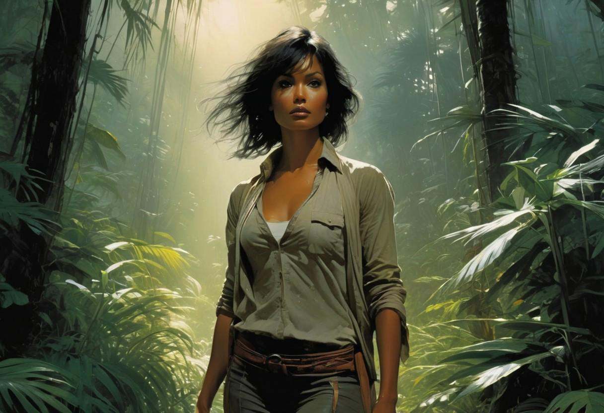 long-view,  full-body depiction of posed gracefully against a backdrop of Venezuelan jungle with tall tepuis,  she wears a...