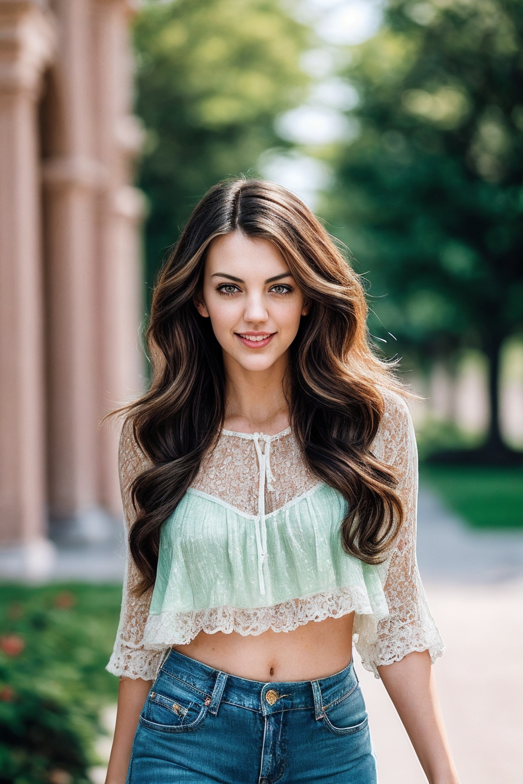 BlakeE_SoloTI_v1,  (In a stylish,  casual outfit of a flowy blouse paired with high-waisted jeans and trendy sneakers on T...