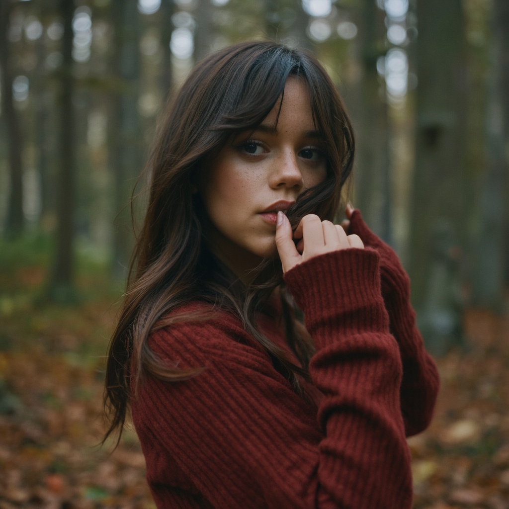 A portrait of jenna_ortega in a forest. She is captured in a side profile,  her face partially hidden by her long,  flowin...