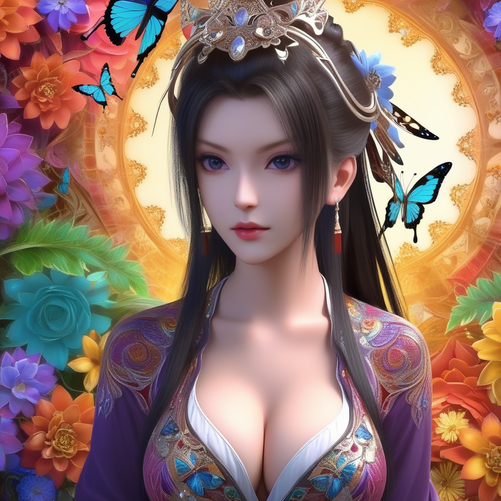 <lora:835-DA-XL-晏琉璃-婚服:0.8>, (,1girl, ,best quality, ),,,anime,(masterpiece, top quality, best quality, official art, beautiful and aesthetic:1.2), (1girl)	, , (cleavage),, extreme detailed,(fractal art:1.3),colorful, flowers ,highest detailed,()    (cleavage),butterfly,  (),