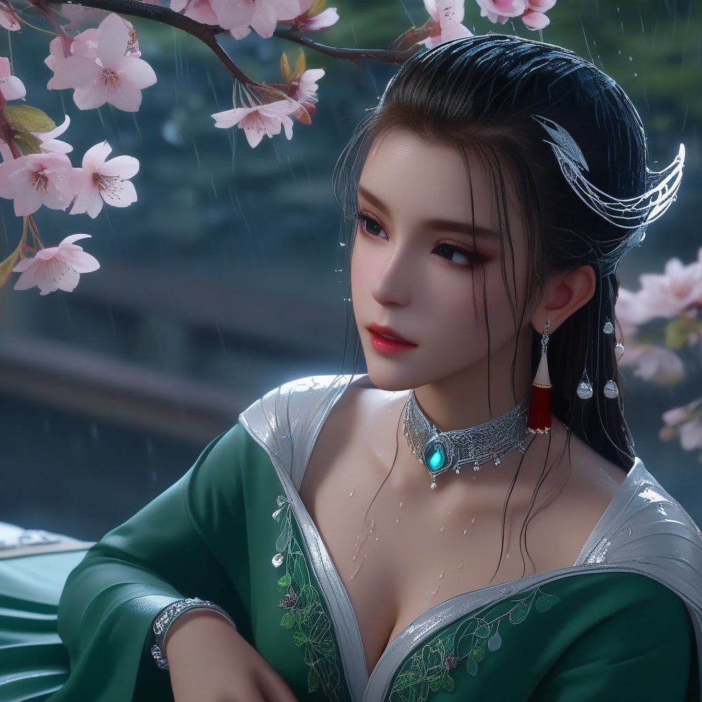 <lora:832-DA-XL-少年白马醉春风-晏琉璃-白衣:0.8>, (,1girl, ,best quality, ),, ,ultra detailed 8k cg,            cinematic lighting, cinematic bloom, (( , )),,  , unreal, science fiction,  luxury, jewelry, diamond, pearl, gem, sapphire, ruby, emerald, intricate detail, delicate pattern, charming, alluring, seductive, erotic, enchanting, hair ornament, necklace, earrings, bracelet, armlet,halo,masterpiece, (( , )),, realistic,science fiction,mole, ,cherry blossoms,(((, , ultra high res, (photorealistic:1.4), raw photo, 1girl, , rain, sweat, ,wet, )))(( , ))   (cleavage),lying,