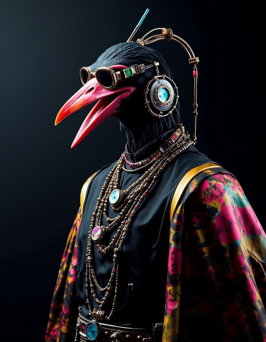 Studio_Punkji,  The image is a realistic photograph that showcases a roaring futuristic punk bird dressed in a black dress...