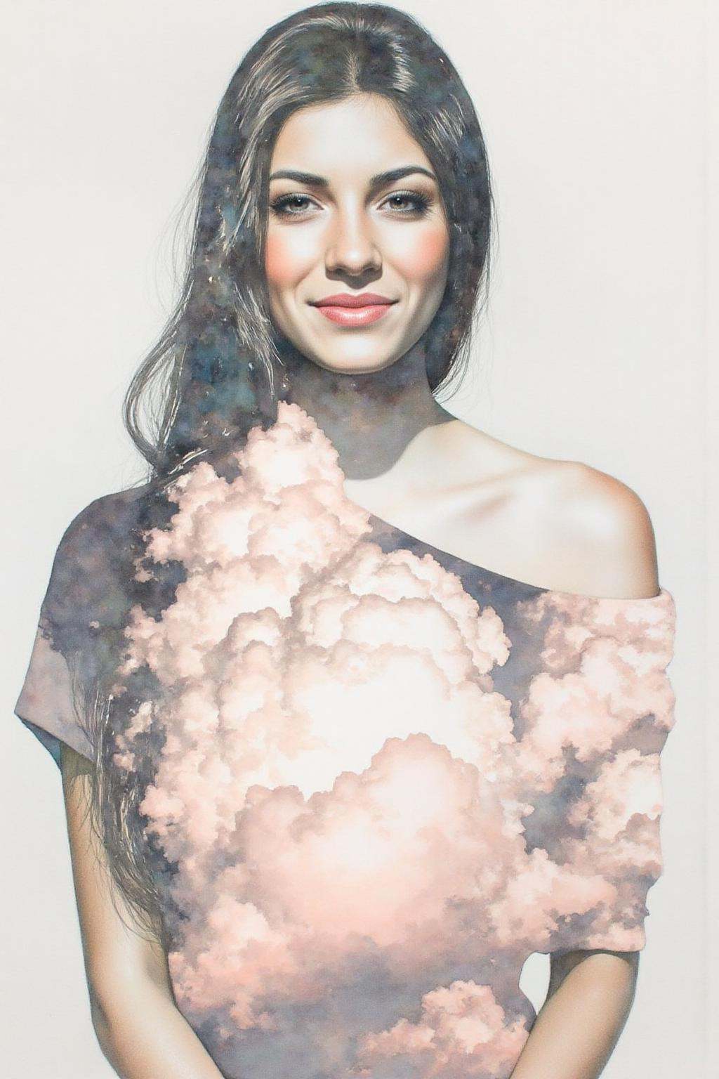 Portrait painting. A woman with long,  dark hair wearing a one-shoulder top. The fabric features a watercolor-like design...