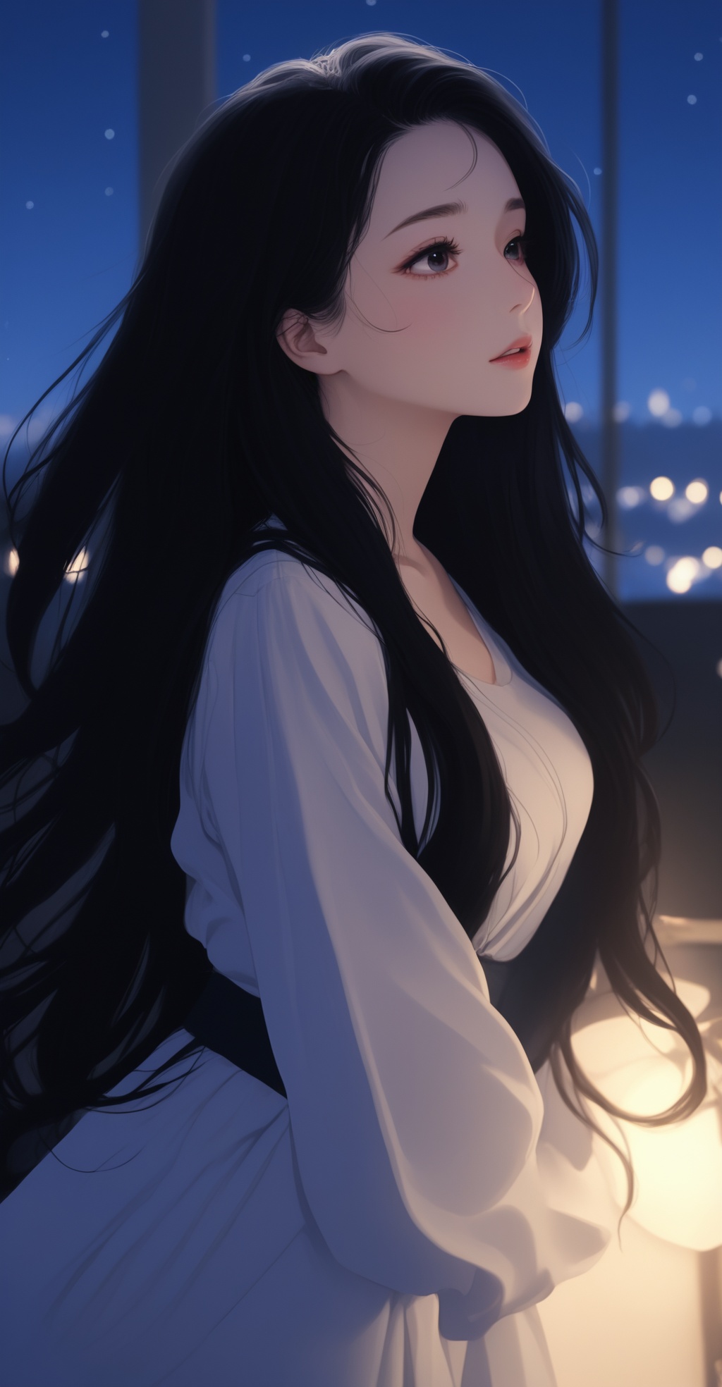 night,1girl,solo,long hair,black hair,<lora:city life:0.8>,
