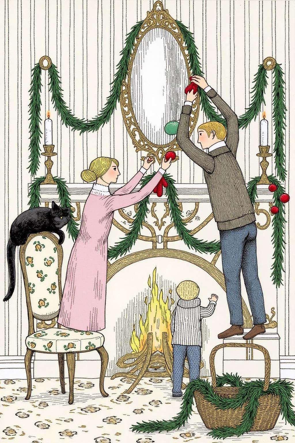 edwardgorey1 illustration.A cozy,  festive scene shows a woman,  a man on Tensor.Art