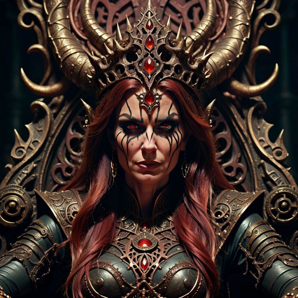 close up shot of m4gsf4ce,  a woman sits on her throne as the queen of hell,  devil creatures on Tensor.Art