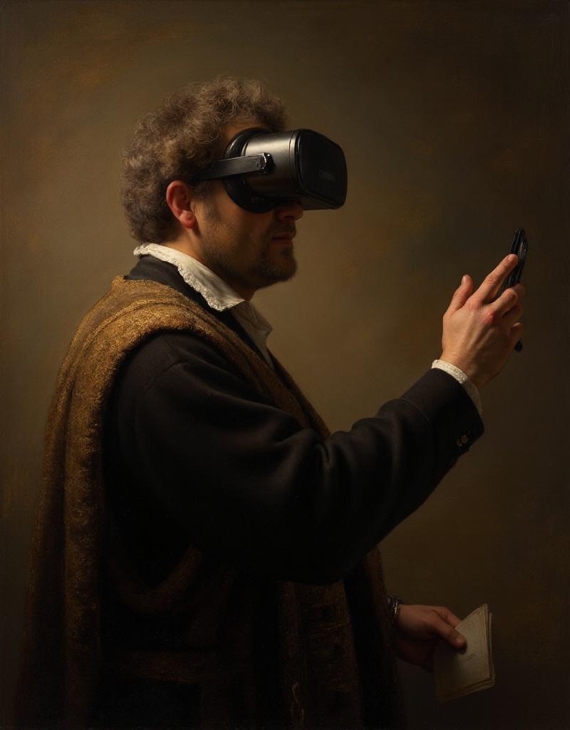 rembrandt style,  painting. a man is using a vr headset on Tensor.Art