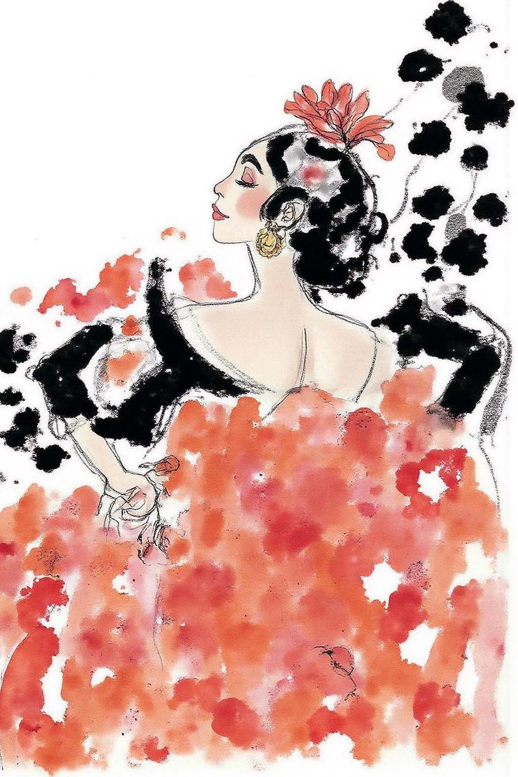 hugop1 illustration. Watercolor illustration depicts the back view of a flamenco dancer in a dynamic pose. The dancer is t...