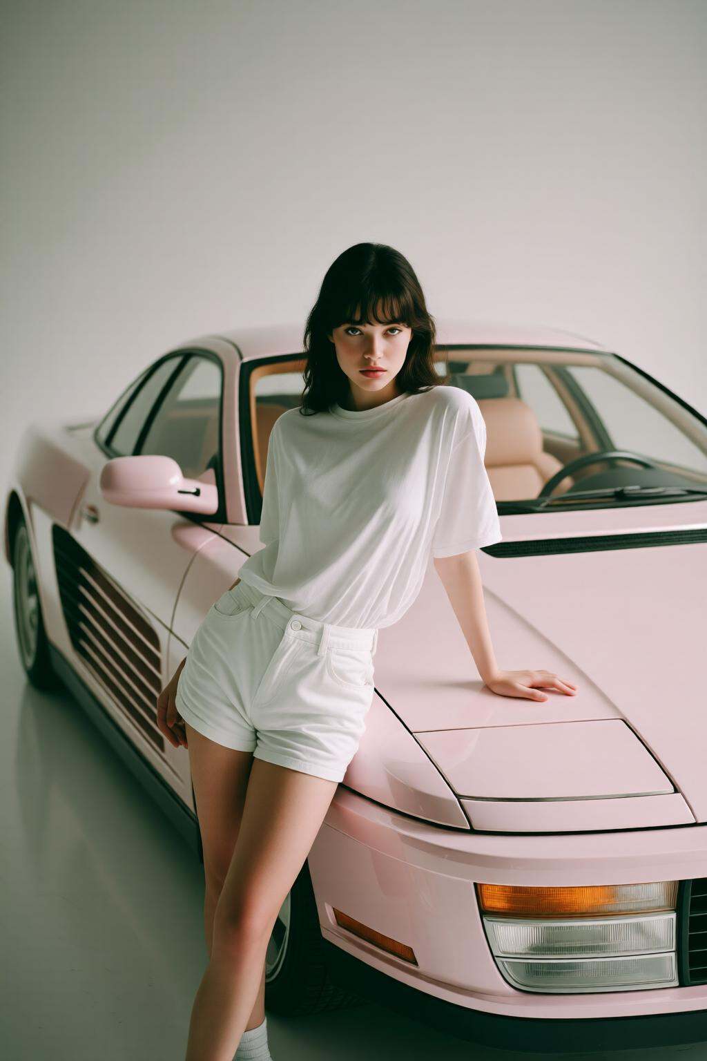 midjourneyhighangle13q High angle view. A young woman leaning against a sleek,  pastel-colored sports car. She is dressed...