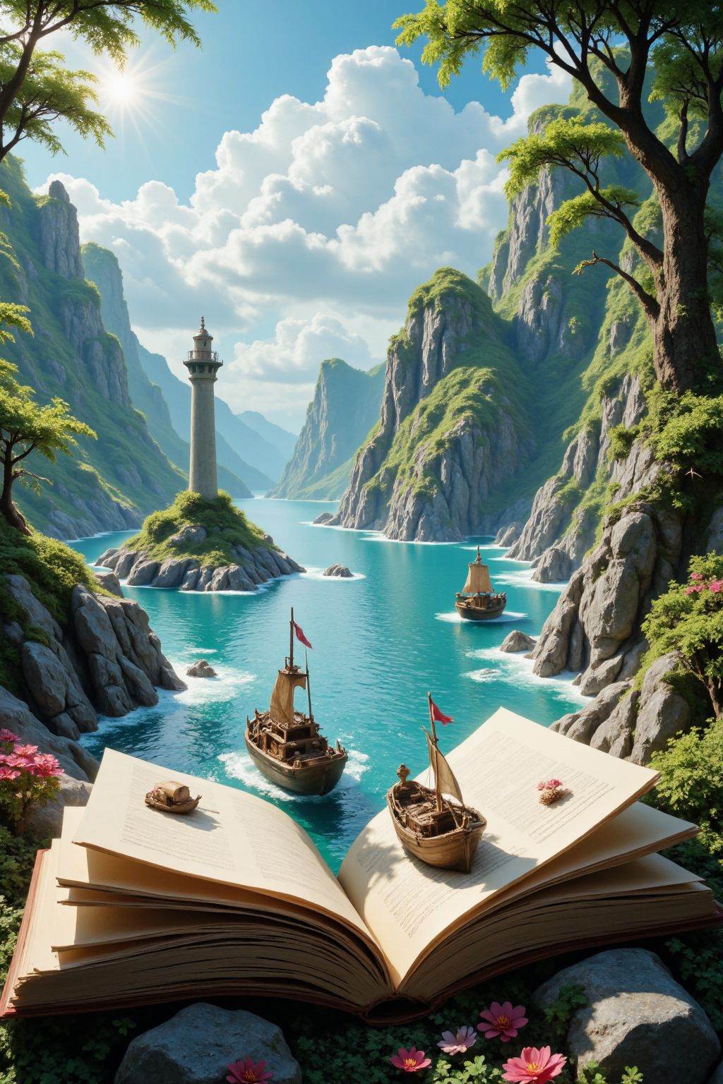 The image depicts a serene and fantastical landscape with a large open book in the foreground,  its pages filled with mini...