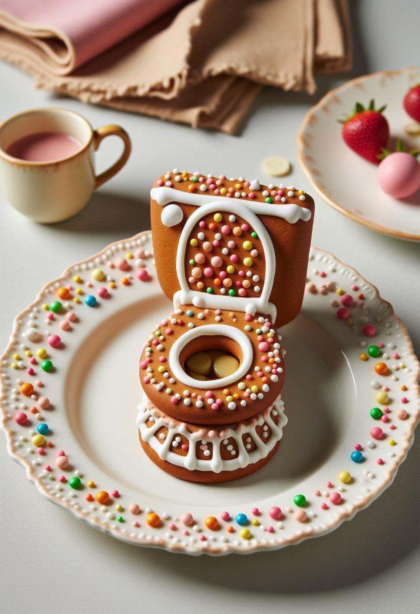 This is a photograph of a intricately decorated gingerbread of a toilet,  placed flat porcelain plate. on Tensor.Art