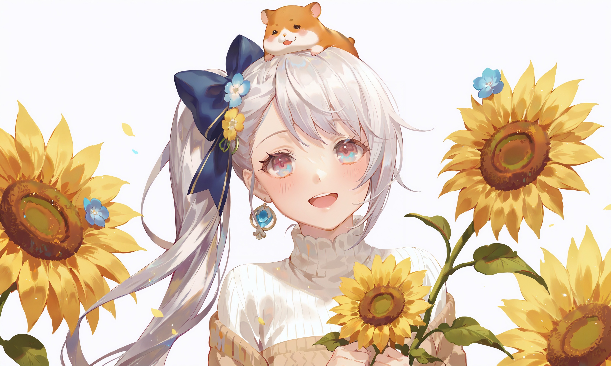 1girl, flower, solo, smile, long hair, white background, :d, simple background, hair ornament, braided bangs, hair bow, looking at viewer, braid, open mouth, hair flower, animal on head, bow, upper teeth only, hamster, upper body, blush, turtleneck, virtual youtuber, side ponytail, blue bow, on head, animal, sunflower, yellow flower, round teeth, teeth, blue flower, holding, earrings, sweater, white hair, thick eyebrows, jewelry, very long hair very aesthetic, masterpiece, absurdres