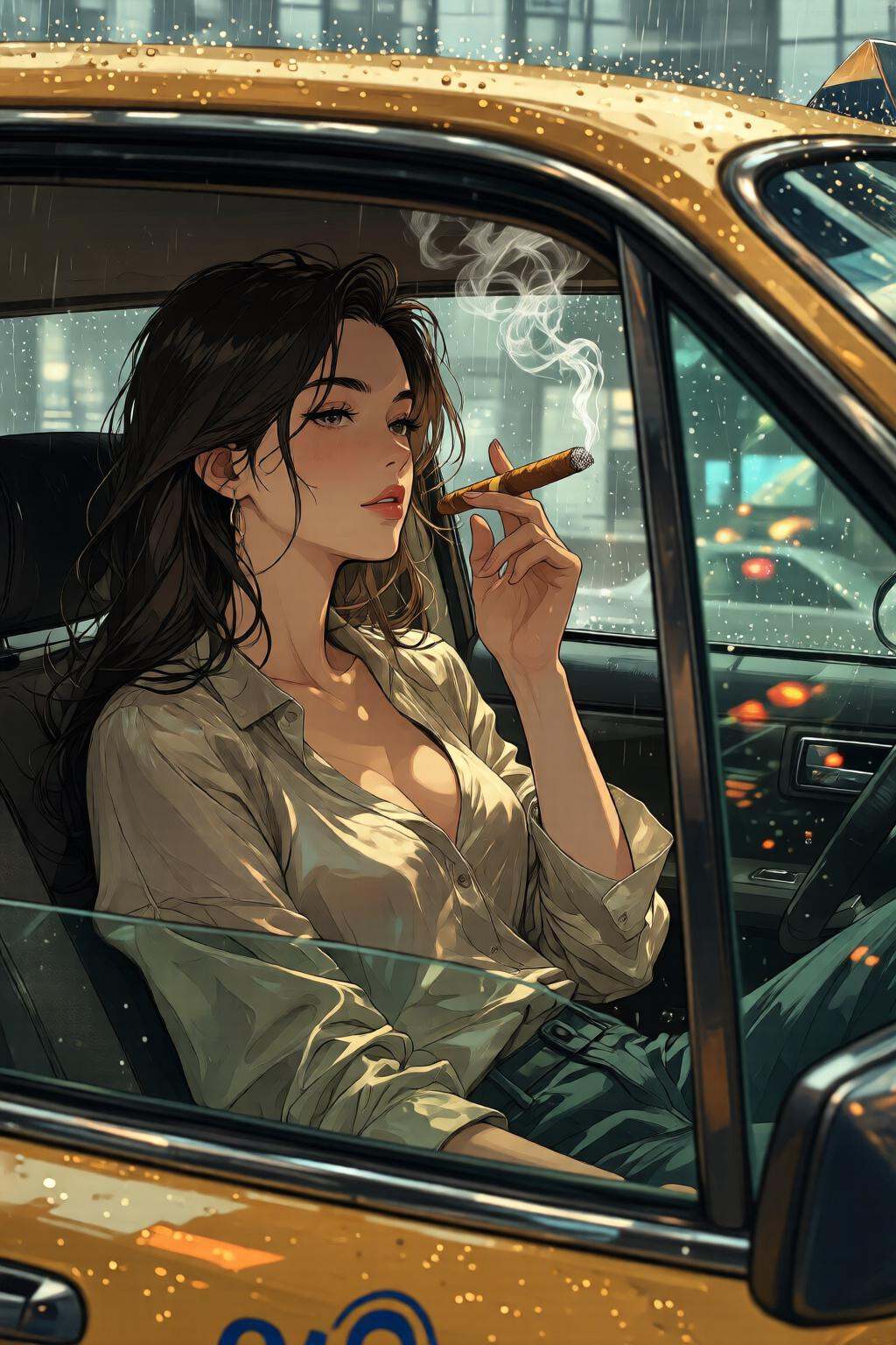nijidigital3q anime illustration.silmas. A woman smoking wearing a rumpled silk blouse lounges in a taxi cab,  her reflect...
