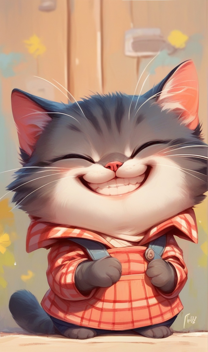 overalls, cat, animal, closed eyes, solo, shirt, smile, plaid, teeth, whiskers, no humans, holding animal, plaid shirt, animal focus, grin, happy, facing viewer, close-up,full body,dark tone,score_9,score_8_up,score_7_up,intricate details,solo,<lora:cute cat:0.7>,