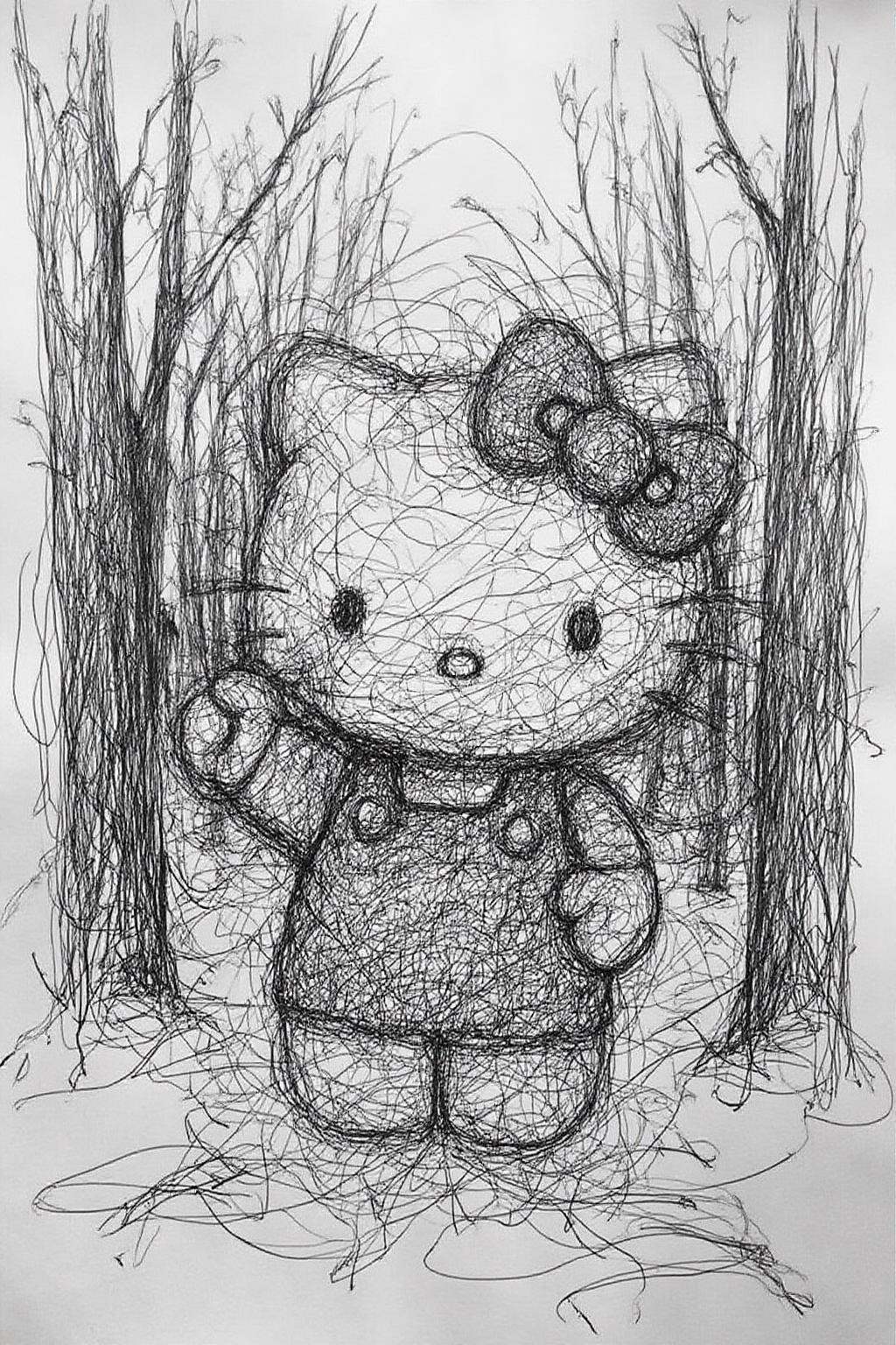 Drawing depicting Hello Kitty in the middle of the forest holding a knife,  the atmosphere and the character looks scary,...