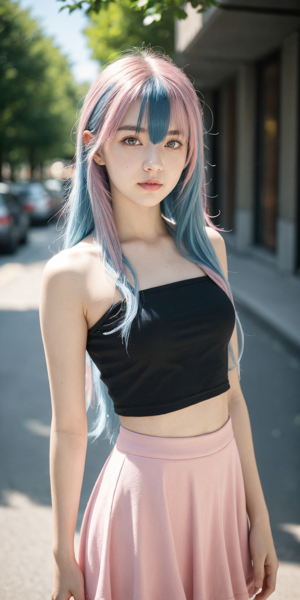 1girl,teenage,cute face,bstract,glowing,(blue hair:1.4),(pink hair:1.35),(long hair:1.4),skirt,sleeveless,sunlight,outdoors,