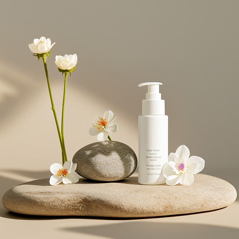 Makeup bottle, stone, flower, sunlight, minimalist background,