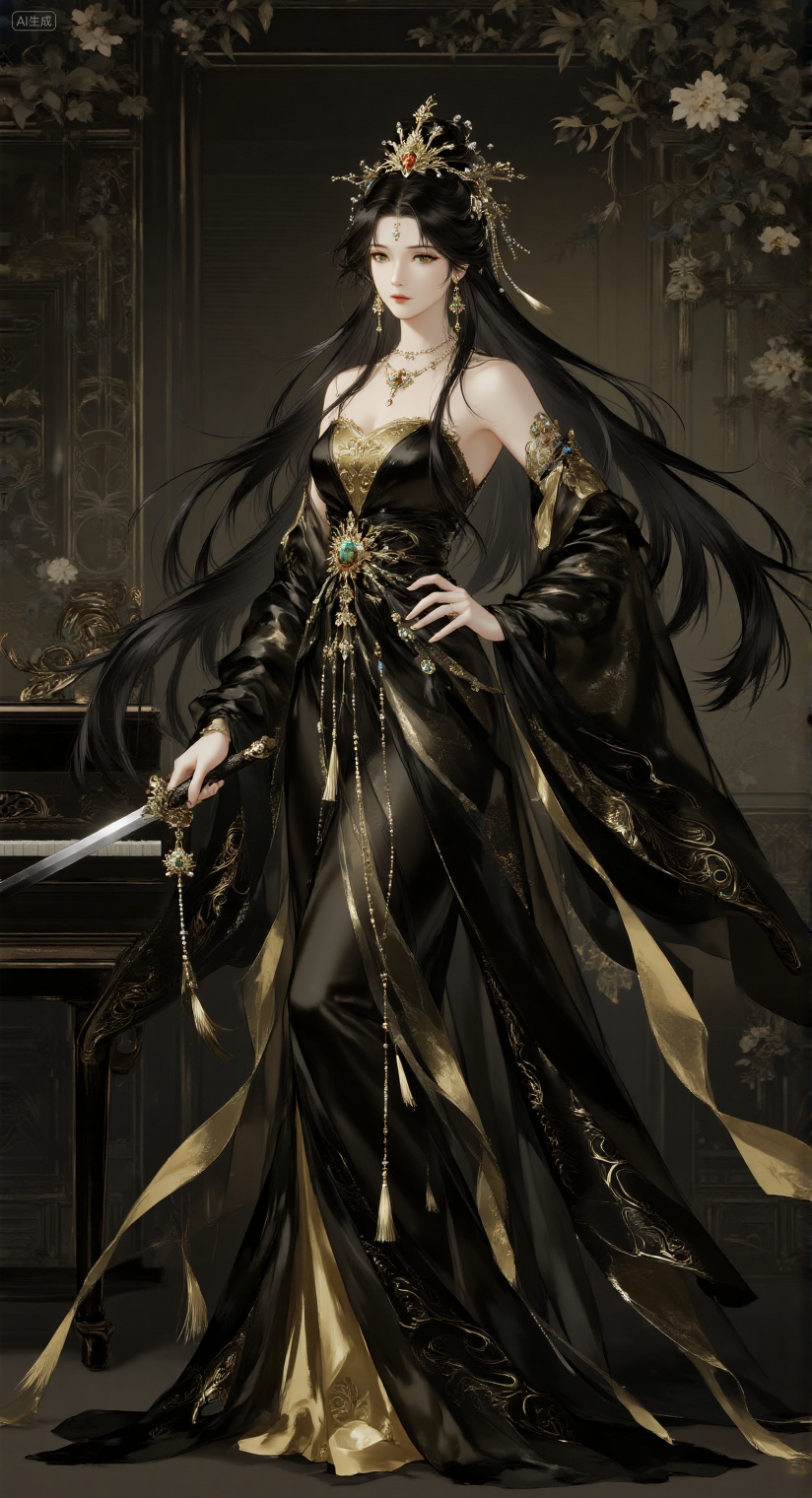 a medium-sized Asian woman,  dressed in a black and gold dress,  adorned with a crown on her head. She is holding a sword...