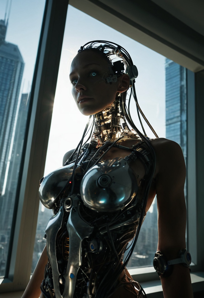 Film still,  (film still) Ex-machine,  beautiful female cyborg made of mechanical parts on Tensor.Art
